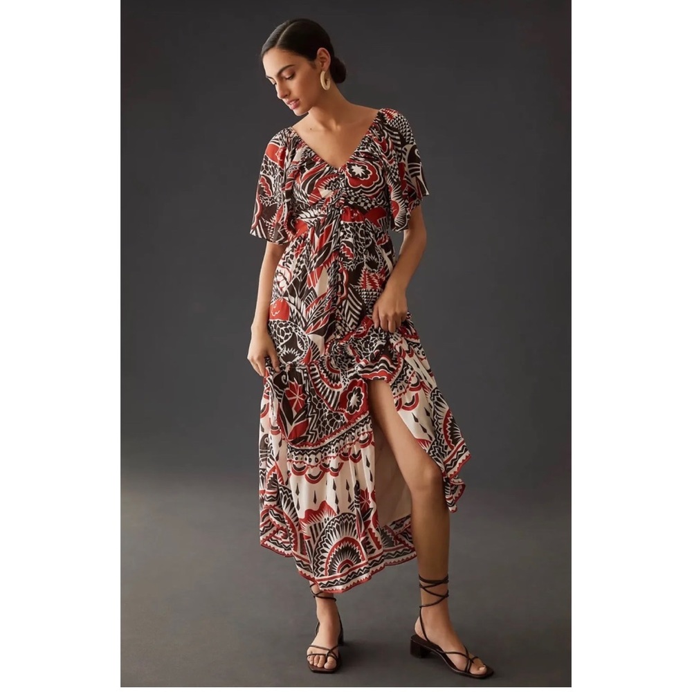 By Anthropologie Tiered Cutout Short Sleeve Printed Maxi Dress Women's MP